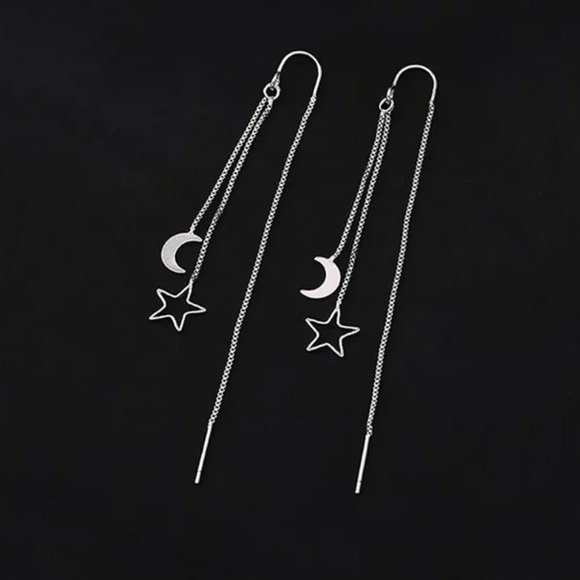 Silver Moon Star Threader Long Tassel Earring Chain, Drop Dangle Woman Earrings - Picture 2 of 8